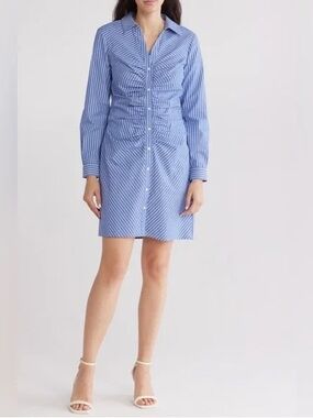 Eliza J Blue Striped Ruched Shirt Dress